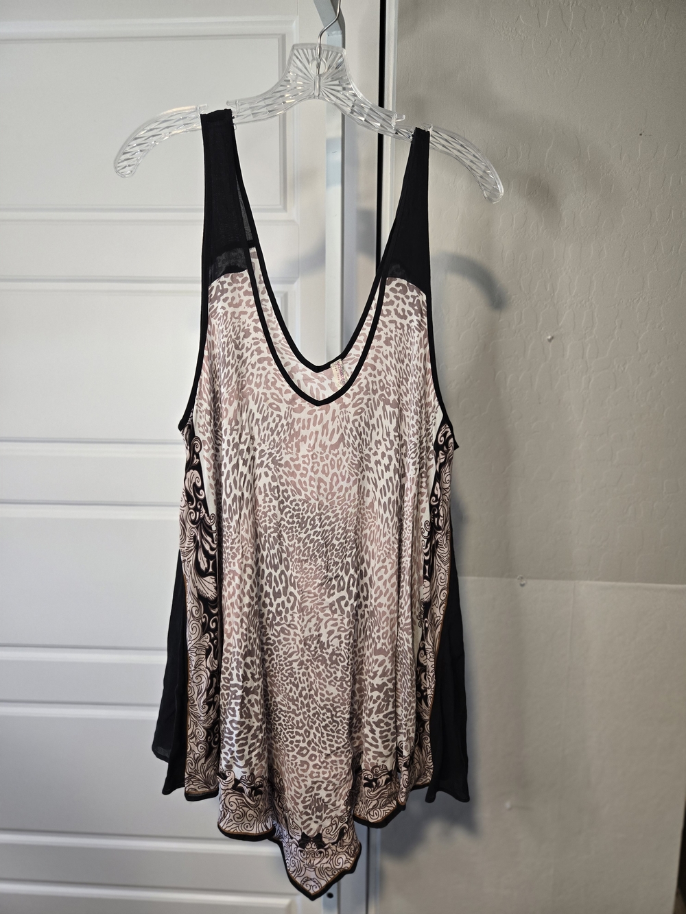 Free People Pink Leopard-Print Scoop Tank with Black Panels